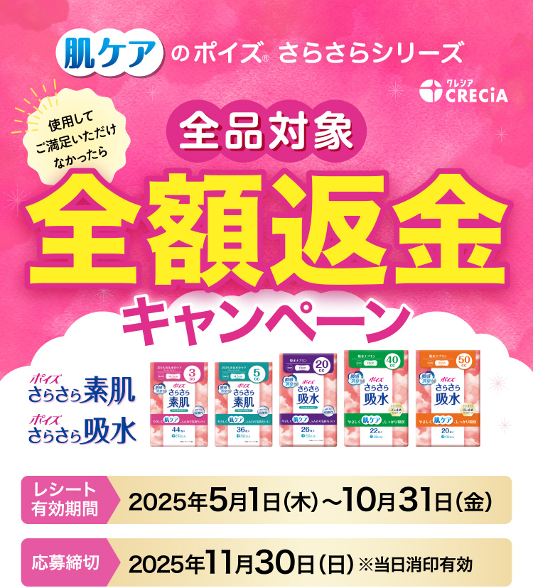 肌ケアのポイズさらさらシリーズ 使用してご満足いただけなかったら 全額返金キャンペーン レシート有効期間2025年5月1日（木）～10月31日（金）応募締切2025年11月30日（日）※当日消印有効