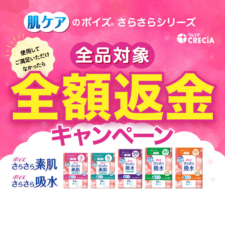 肌ケアのポイズさらさらシリーズ 使用してご満足いただけなかったら 全額返金キャンペーン レシート有効期間2025年5月1日（木）～10月31日（金）応募締切2025年11月30日（日）※当日消印有効