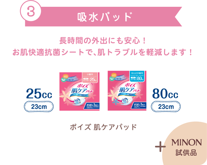 3 吸水パッド 長時間の外出にも安心！お肌快適抗菌シートで、肌トラブルを軽減します！	